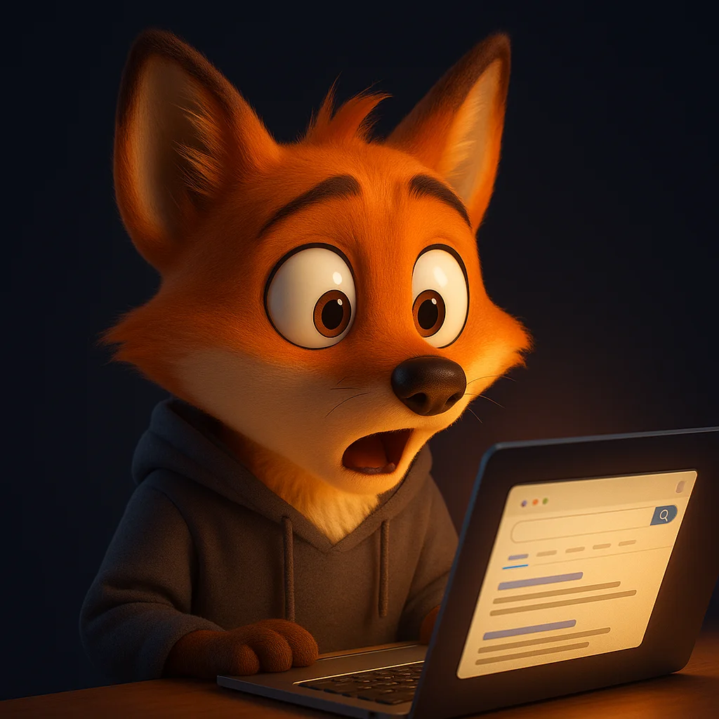 The FoxRadar fox mascot looking surprised at a laptop screen that shows AI answers without the reader’s brand