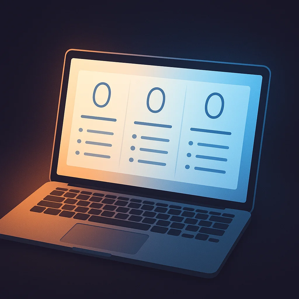A clean concept illustration of a laptop screen showing a simple pricing page layout with clear numbers and bullet points