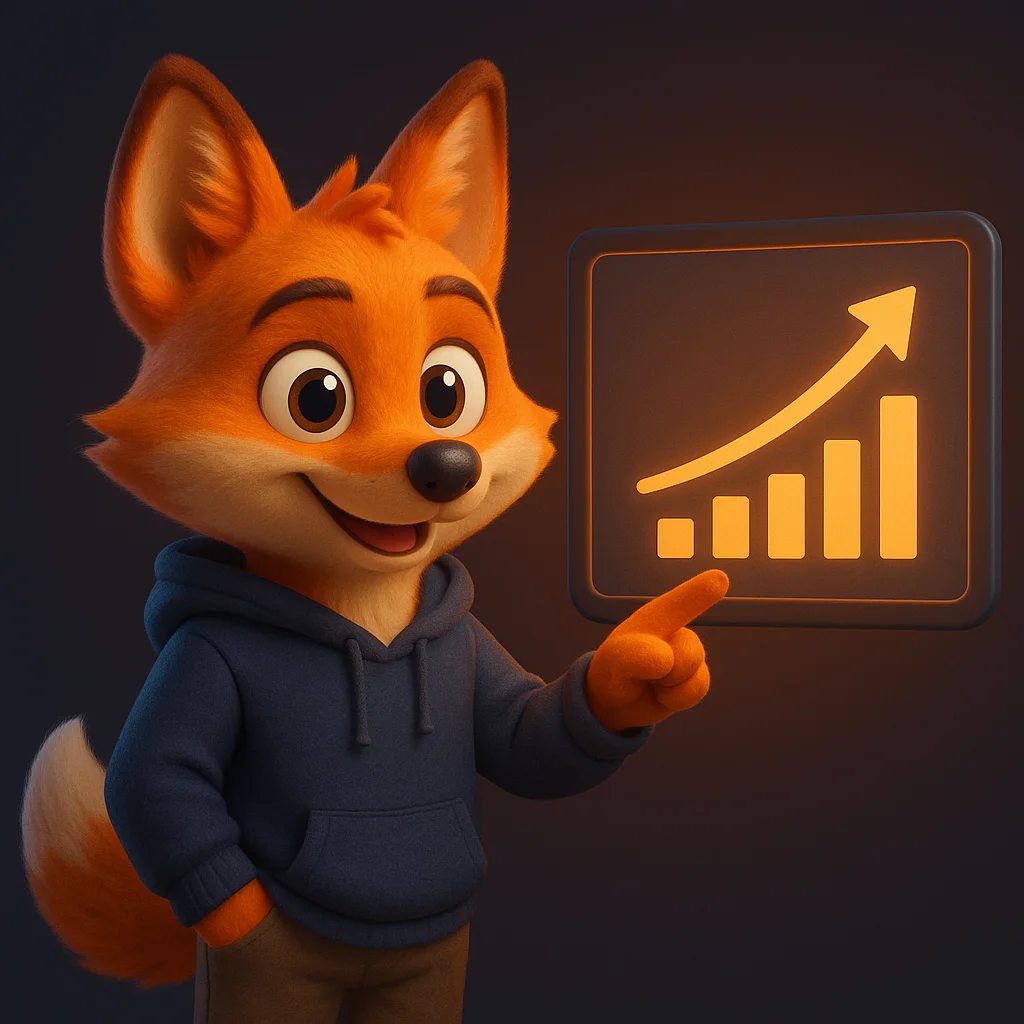 The FoxRadar fox mascot pointing at a rising chart that shows improving price visibility in AI results