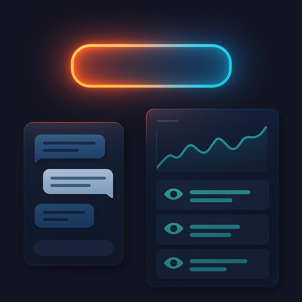 A clean concept illustration of a brand name glowing above AI chat interfaces and a dashboard with green visibility scores