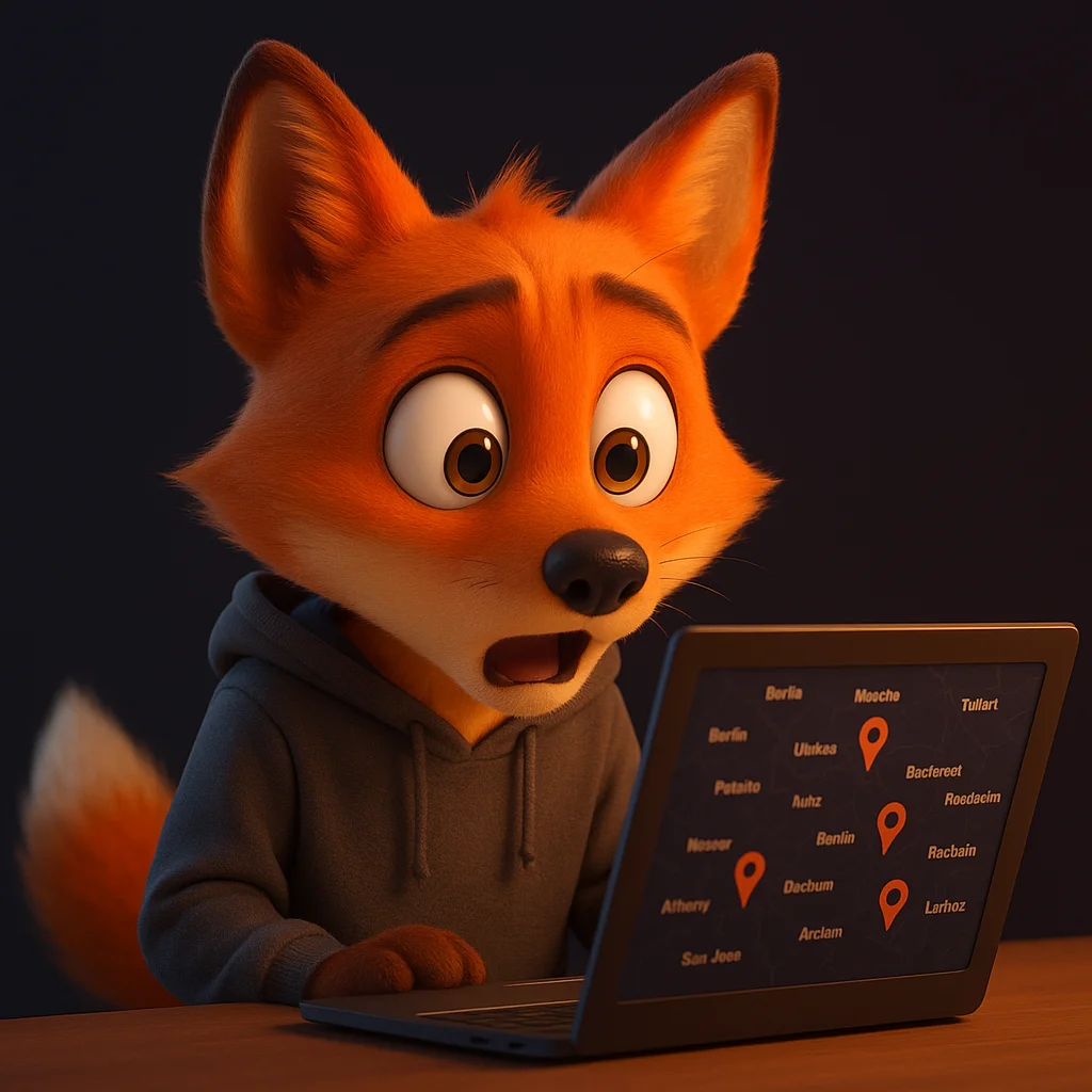 The FoxRadar fox mascot looks at a laptop and points to a list of city names on the screen.