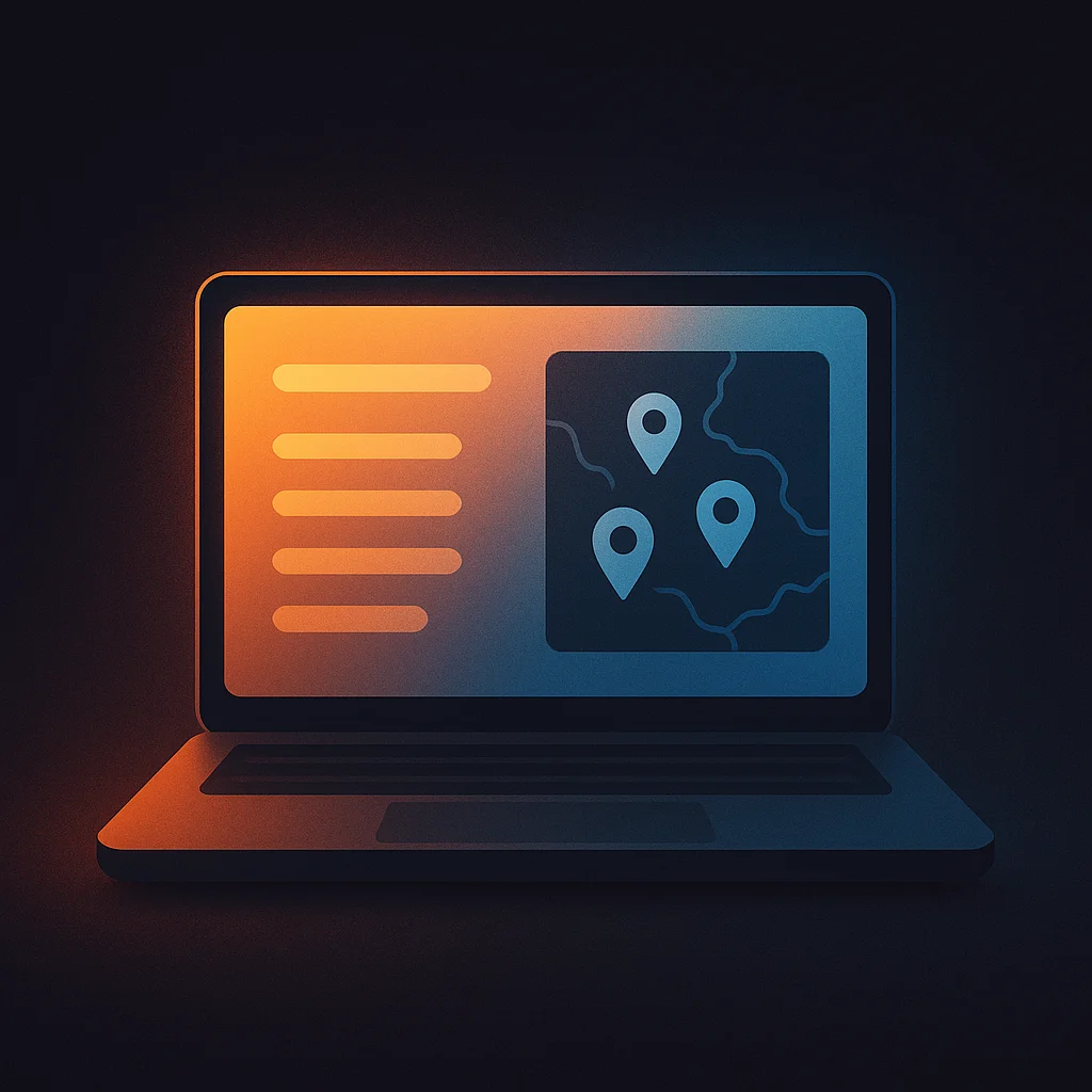 A clean concept illustration of a laptop screen with a simple service area list and a small map pin icon.