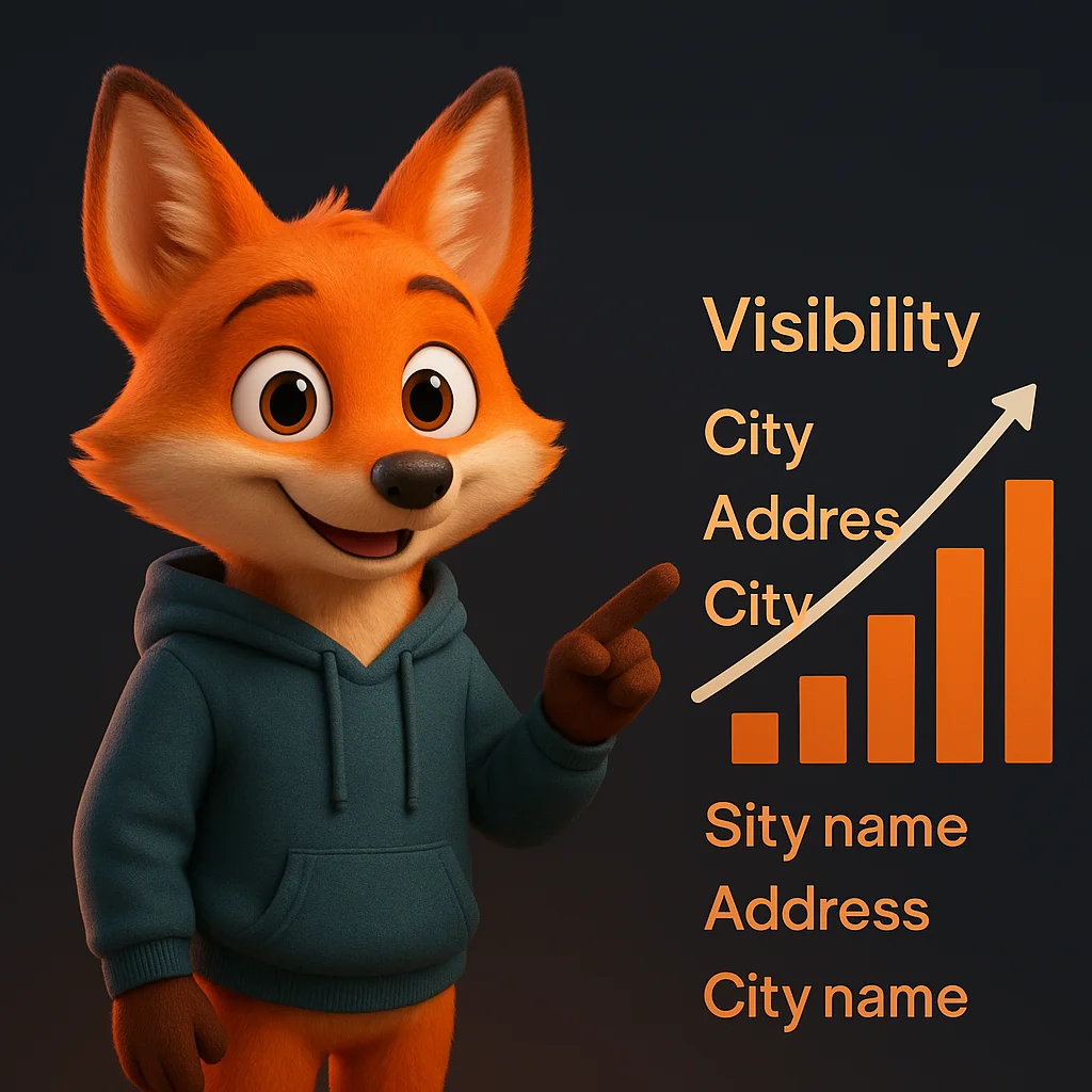 The FoxRadar fox mascot smiles and points at a rising visibility chart next to a list of cities.