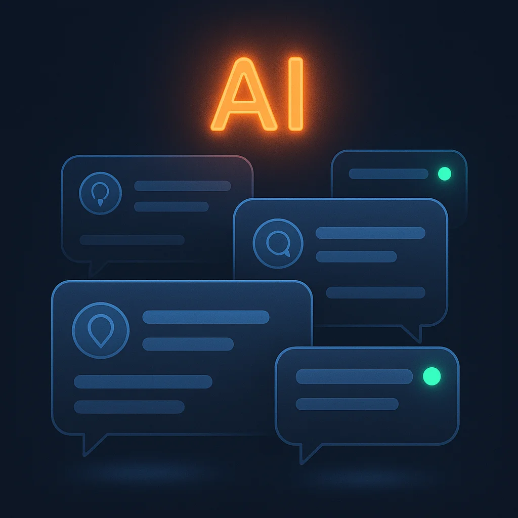 A clean concept illustration of AI chat windows with a brand name highlighted above location tags.