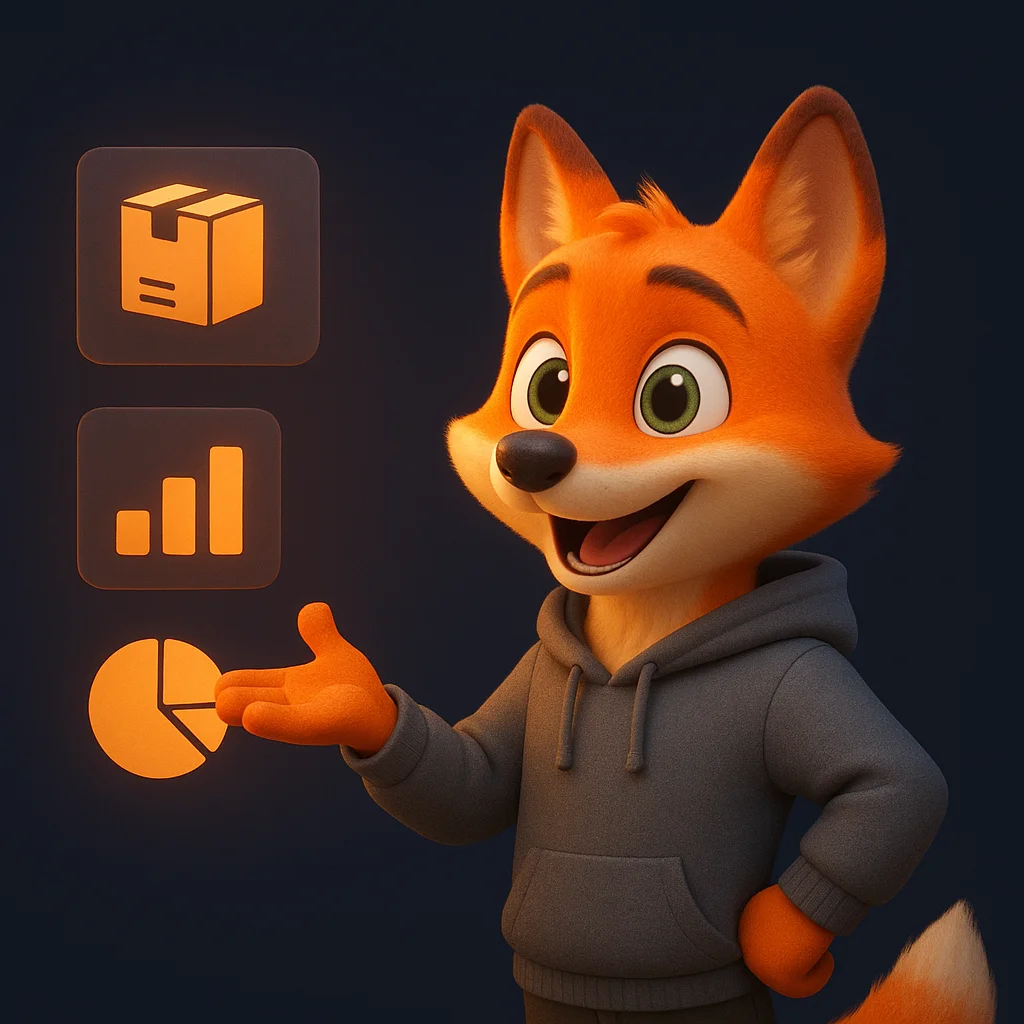 The FoxRadar fox mascot gesturing while explaining in front of floating package icons and simple data shapes.