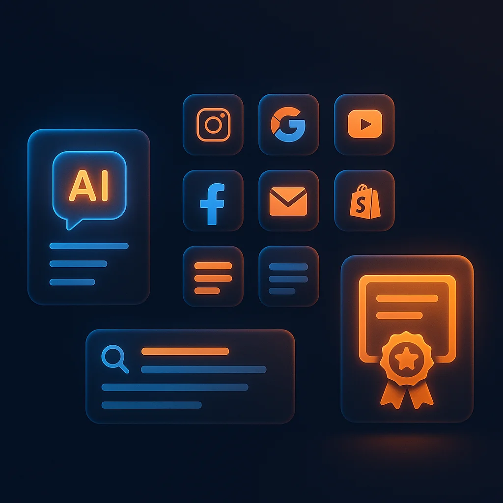 A clean concept illustration of glowing package cards and search result tiles on a dark background, without the fox.