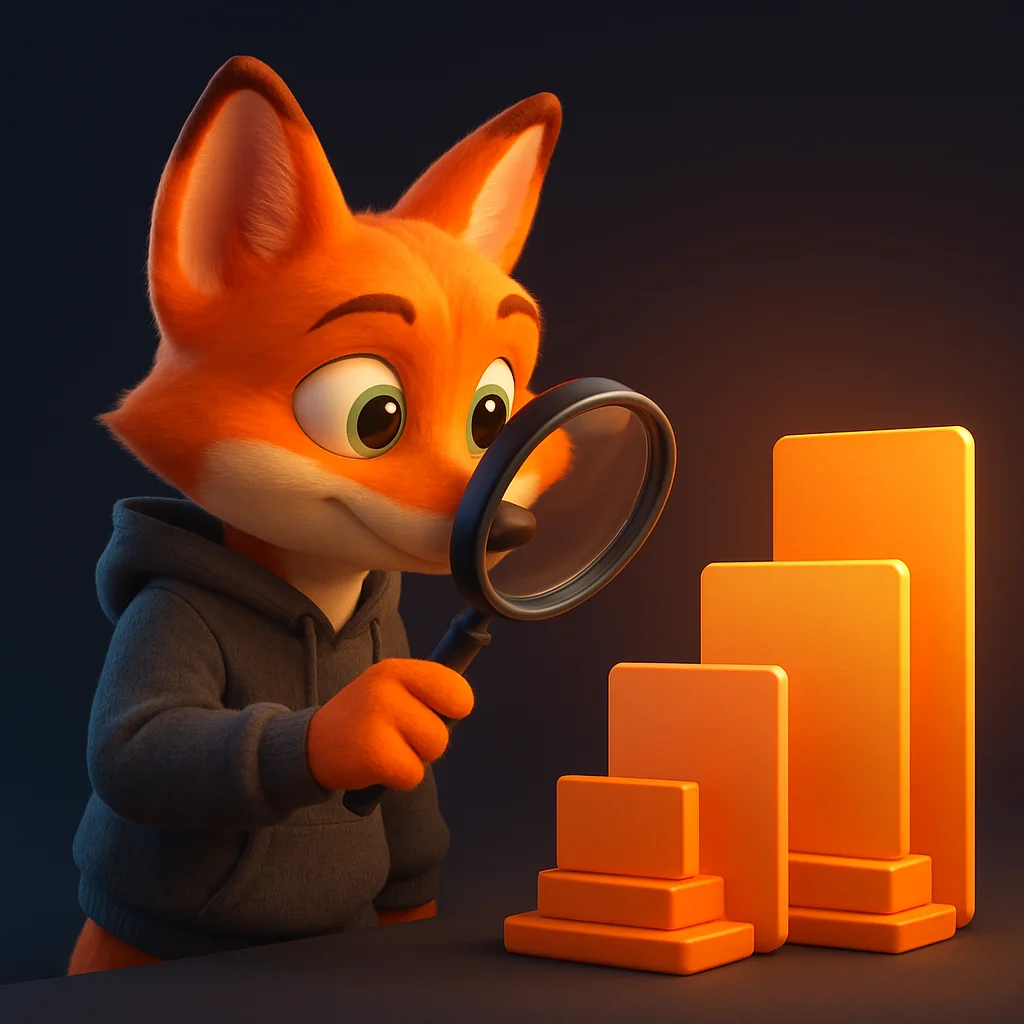 The FoxRadar fox mascot holding a magnifying glass toward a set of tier cards, inspecting details closely.