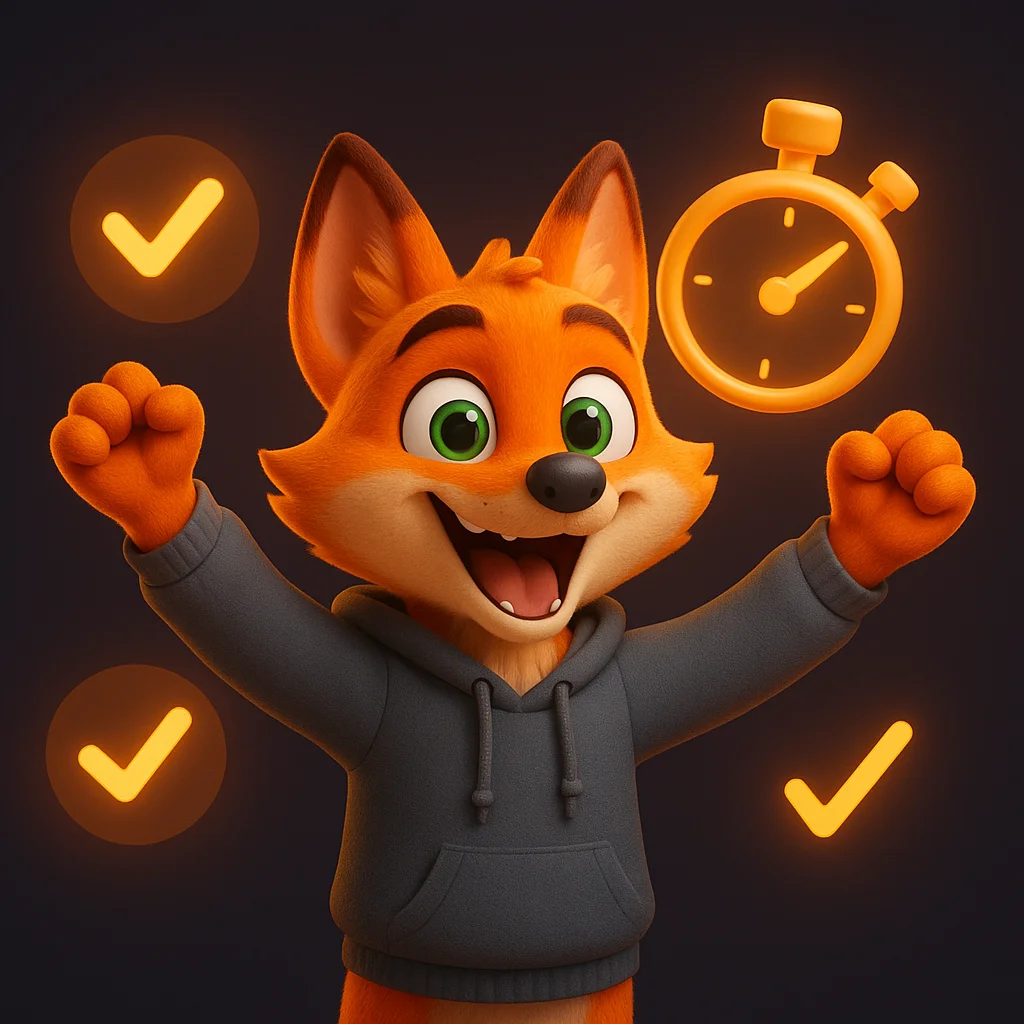 The FoxRadar fox mascot celebrating with arms raised in front of floating checkmarks and a clock, showing a 60-minute setup win.