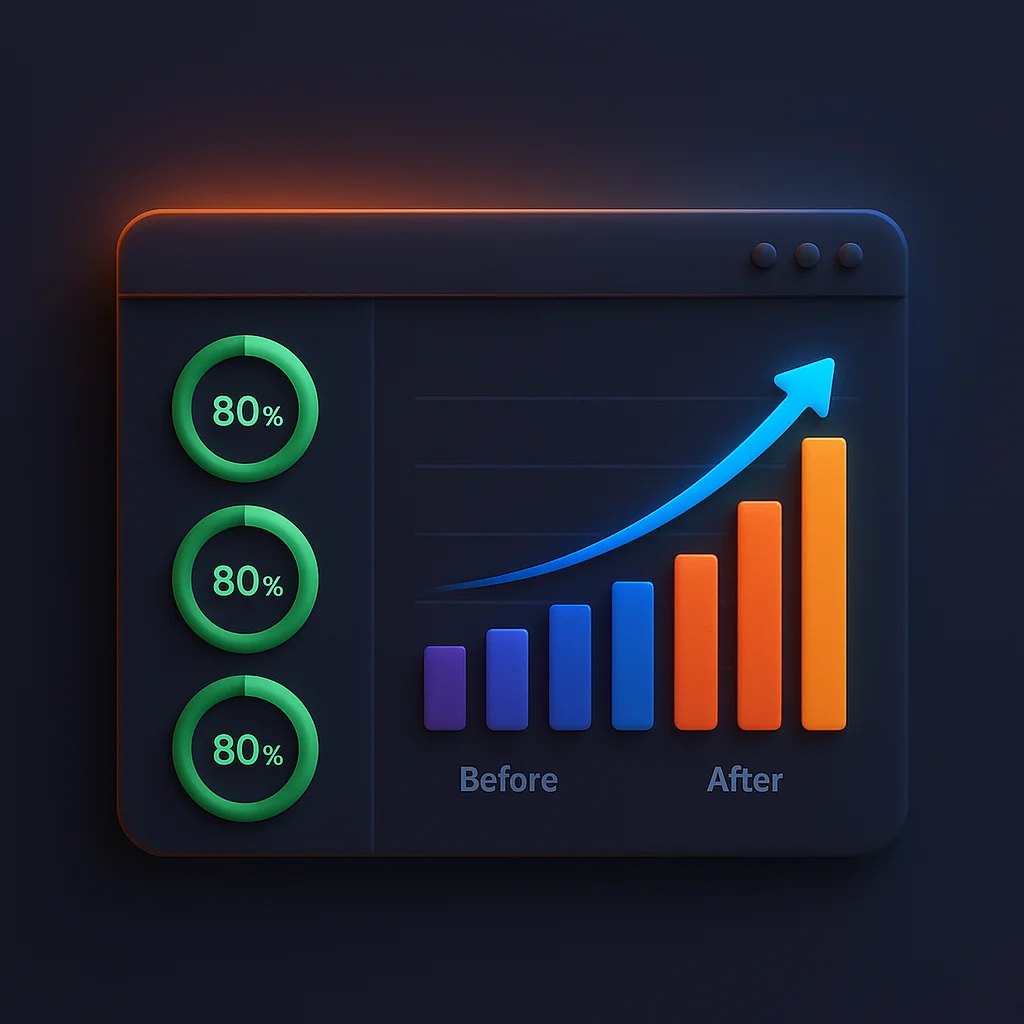 A clean 3D dashboard concept with bright visibility scores and a bar chart comparing before and after AI visibility.