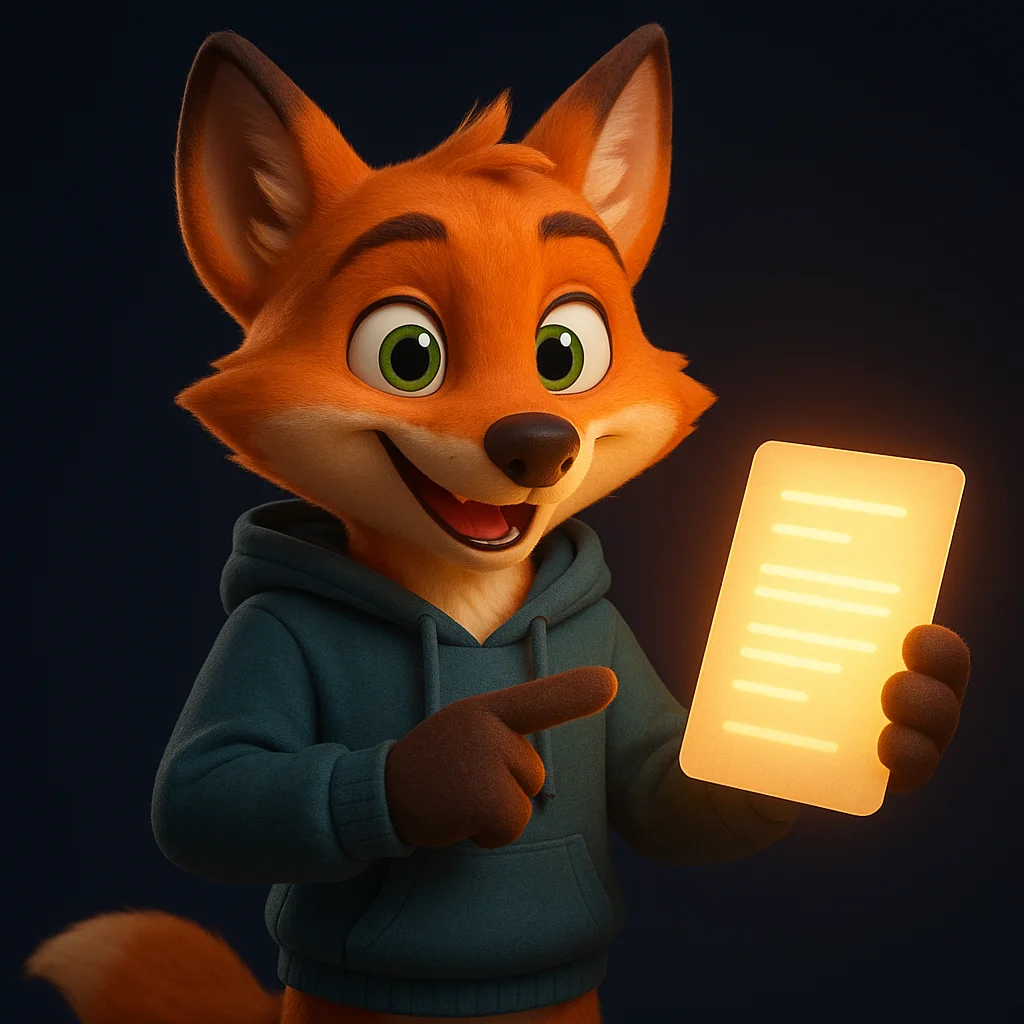 The FoxRadar fox mascot holding a glowing document, pointing at it with a confident smile.