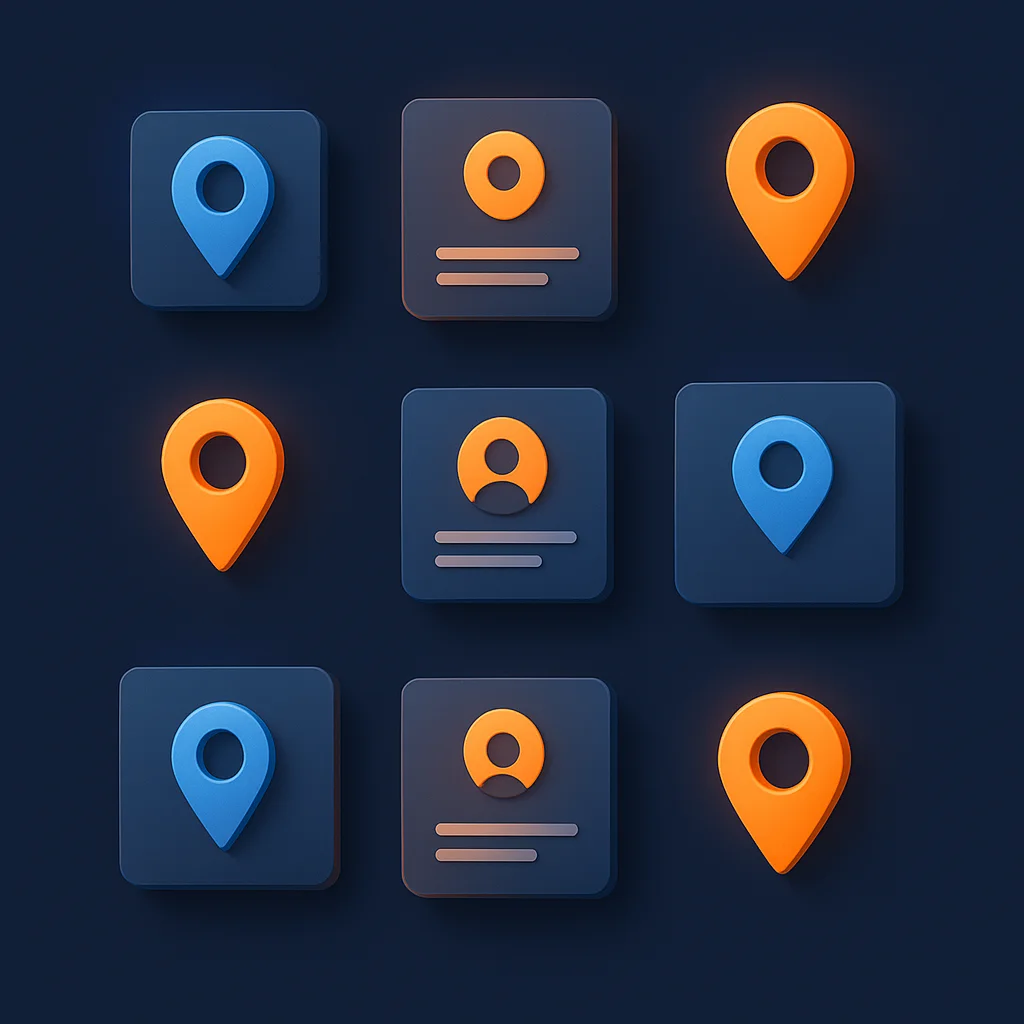 A clean concept illustration of floating profile cards and map pins with a soft orange-blue glow on a dark background.