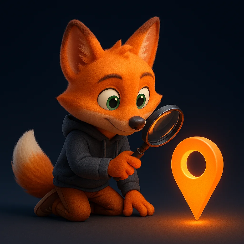 The FoxRadar fox mascot kneeling and inspecting a glowing location pin with a magnifying glass.