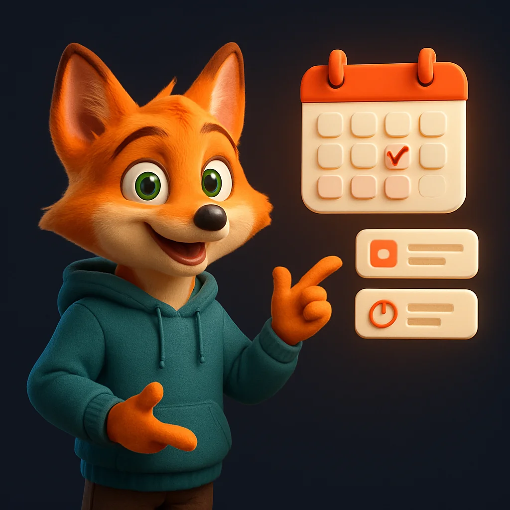 The FoxRadar fox mascot standing and pointing at floating booking cards and a calendar, explaining clearly.