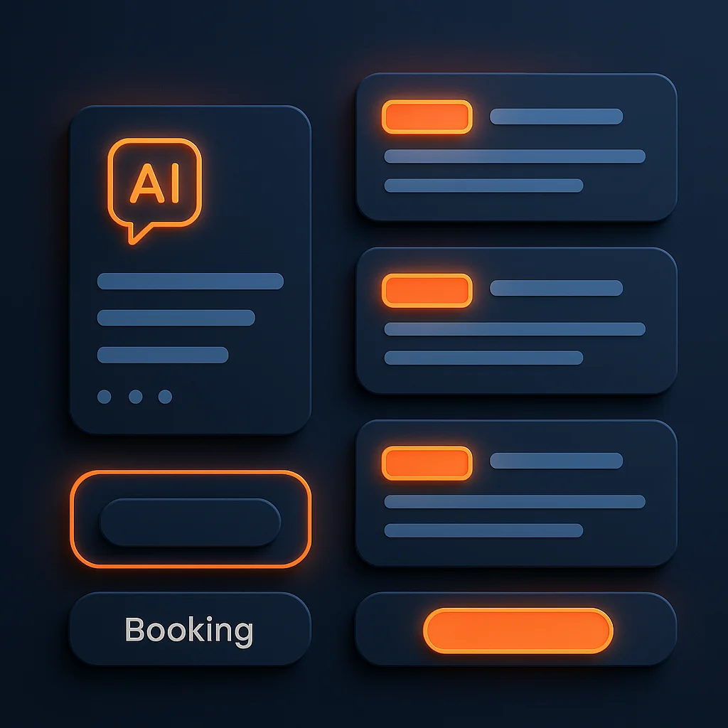 A clean concept illustration of glowing booking interface cards and buttons on a dark background, without the fox.