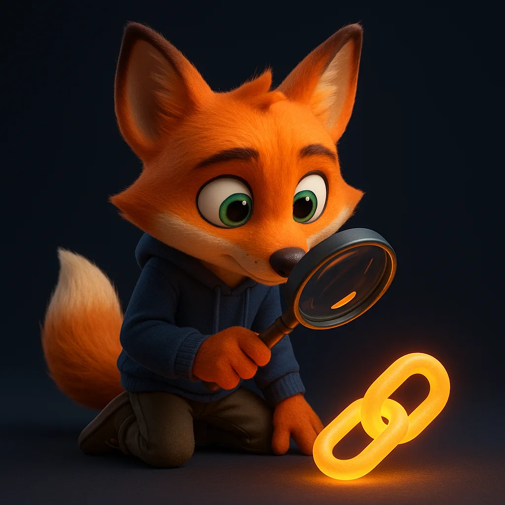 The FoxRadar fox mascot kneeling and inspecting a glowing link with a magnifying glass, focused and curious.