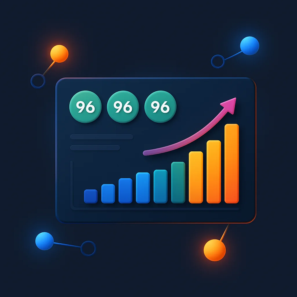 A clean concept illustration of a dashboard with bright visibility scores and charts on a dark background, without the fox.