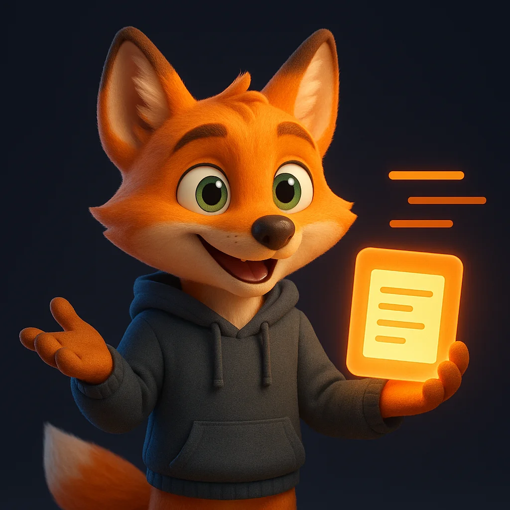 The FoxRadar fox mascot holding a glowing document while pointing to simple, organized lines of services.