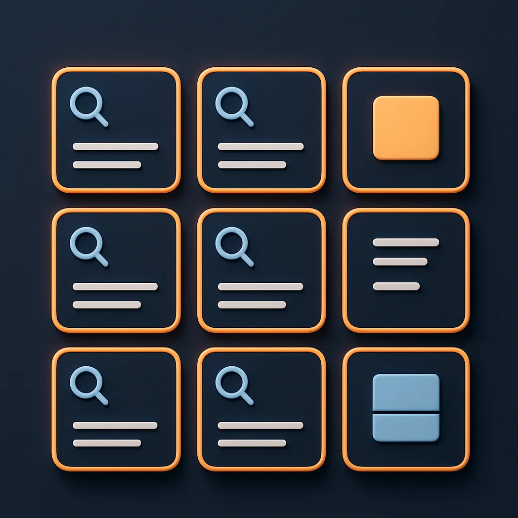 A clean concept illustration of floating search result cards and interface tiles glowing softly on a dark background.