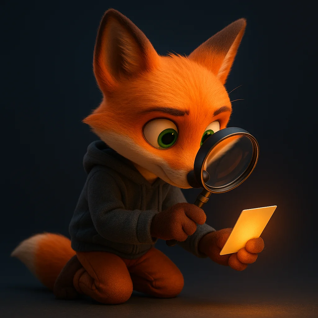 The FoxRadar fox mascot kneeling and inspecting a small glowing card with a magnifying glass.