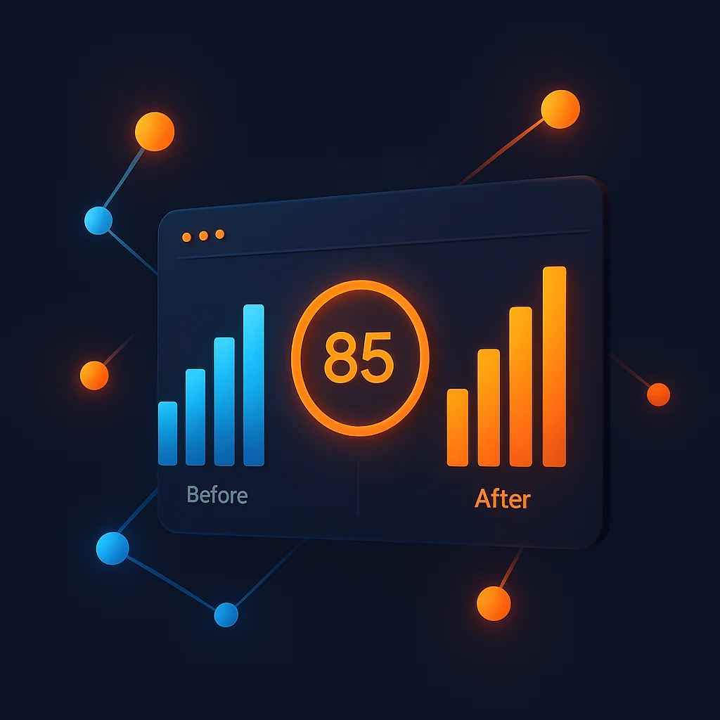 A clean concept illustration of a dashboard showing rising visibility bars and a bright score on a dark background.