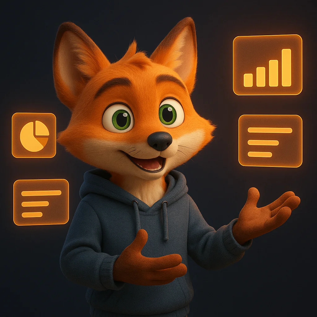 The FoxRadar fox mascot standing and pointing at floating data cards that outline a simple Start Here page.