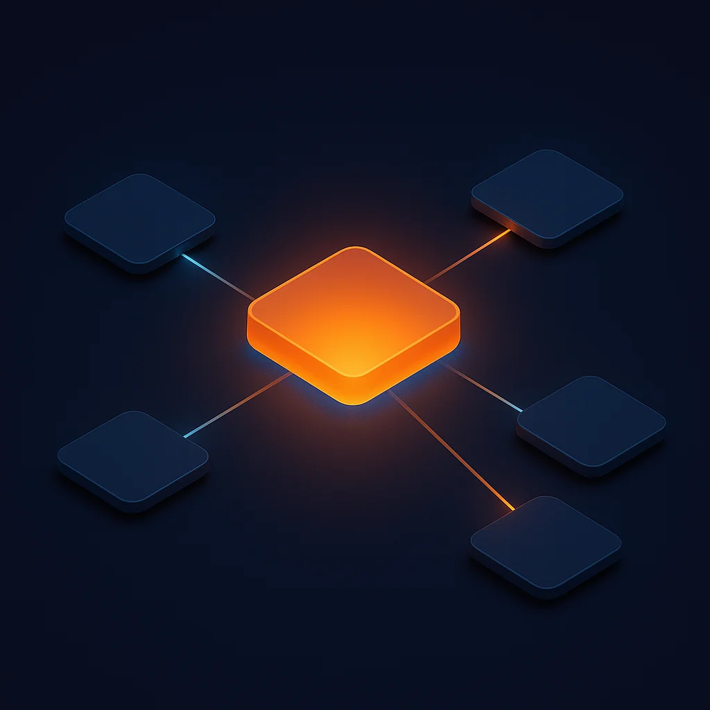 A clean concept illustration of a glowing website hub diagram with a central Start Here card connected to key page cards on a dark background.