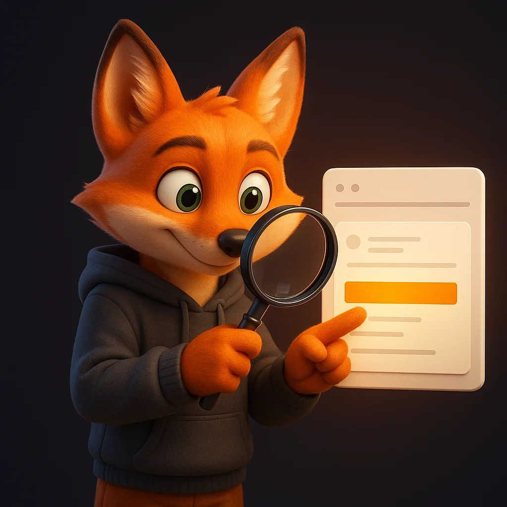 The FoxRadar fox mascot holding a magnifying glass and closely inspecting a simple web page mockup with a visible Last updated label.