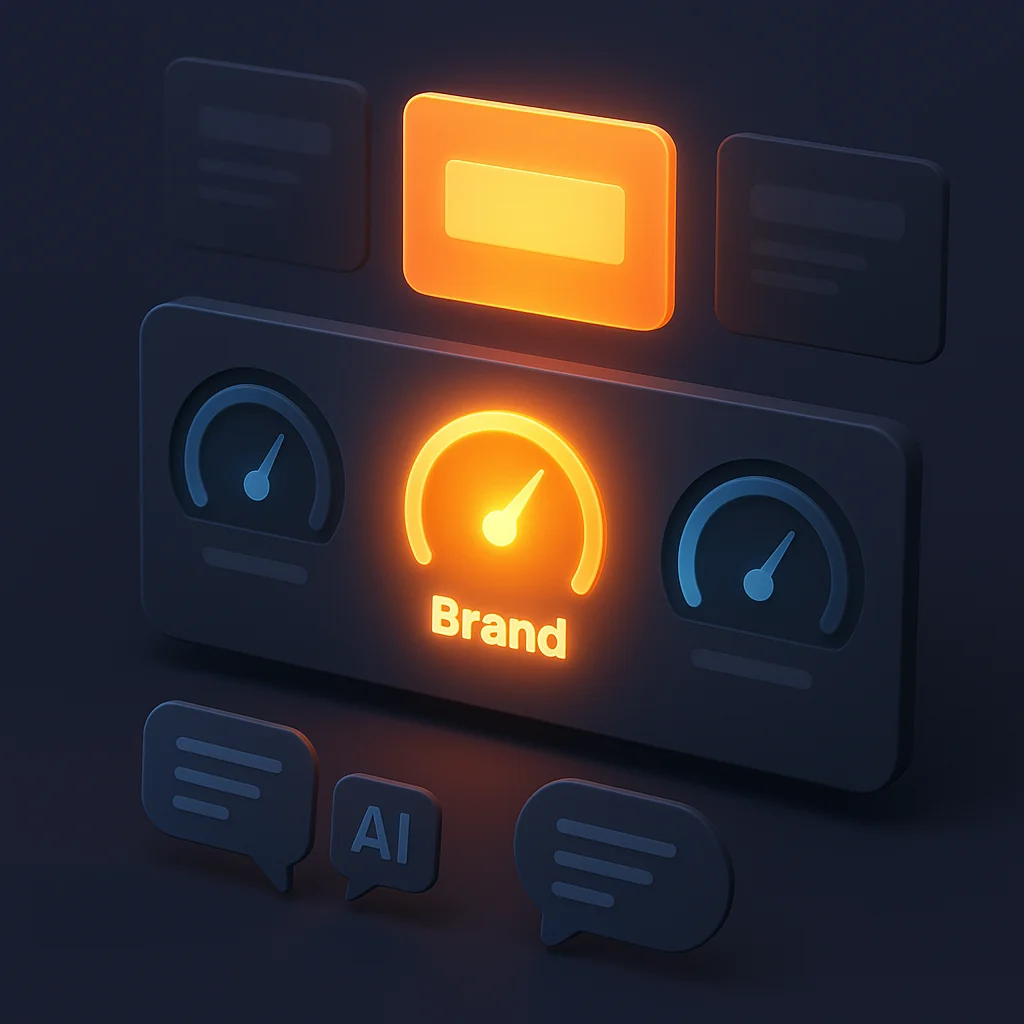 A clean concept illustration of a dashboard with green visibility scores and a brand name glowing above AI chat bubbles on a dark background.