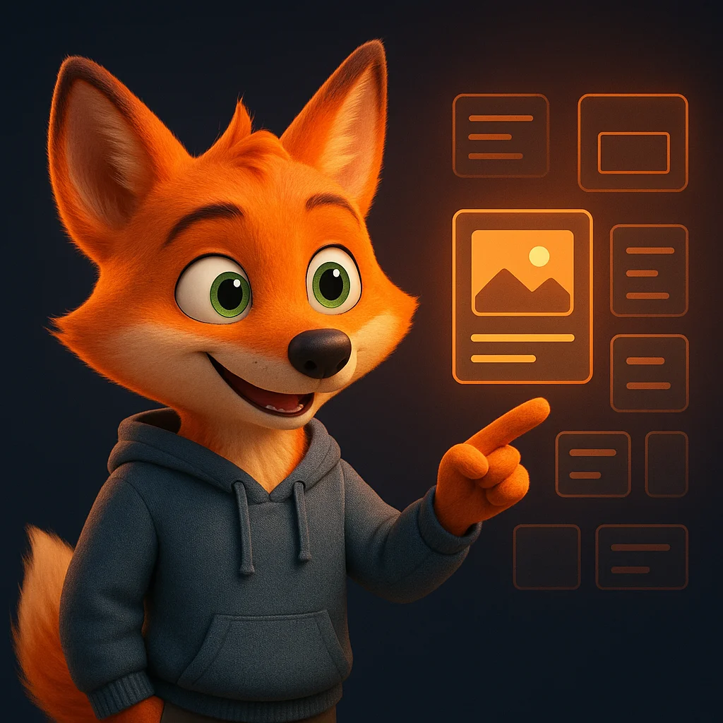 The FoxRadar fox mascot stands and points at floating photo cards and data highlights, showing how to add clear captions.