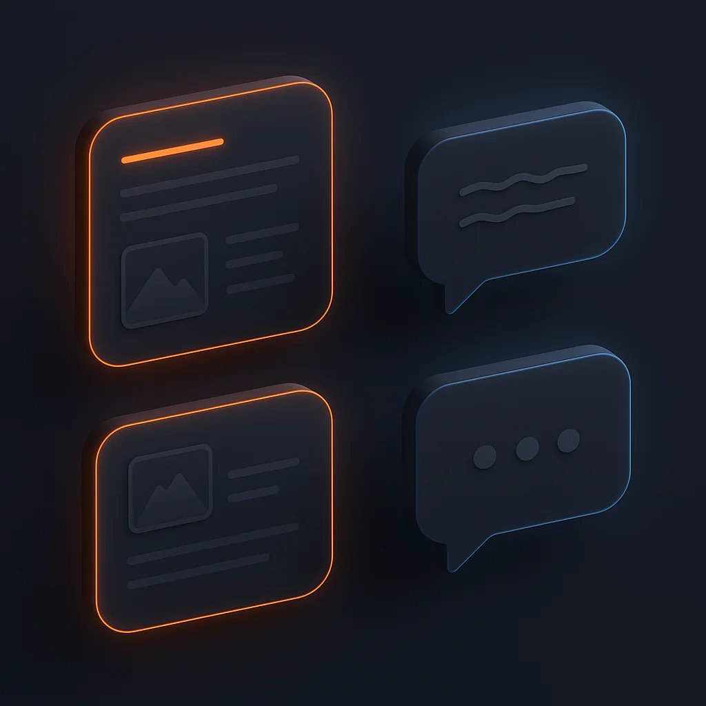 A clean 3D concept illustration of glowing search result cards and interface tiles on a dark background, no fox.