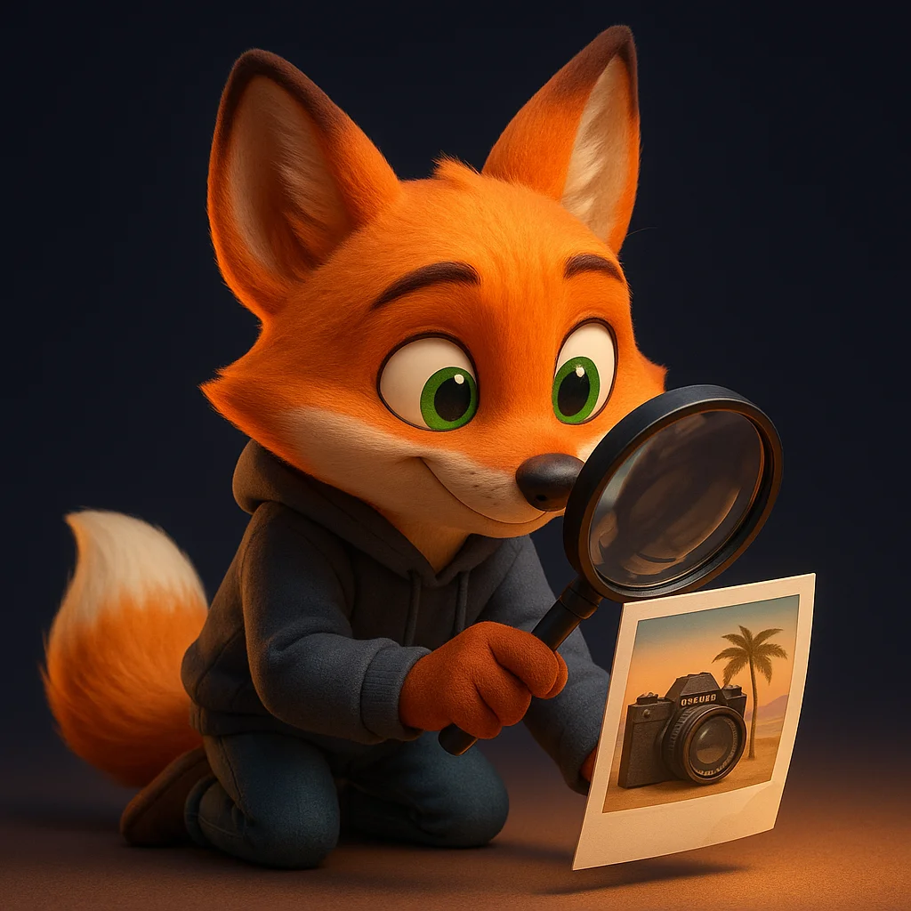 The FoxRadar fox mascot kneels and inspects a photo with a magnifying glass, focusing on details like brand and location.