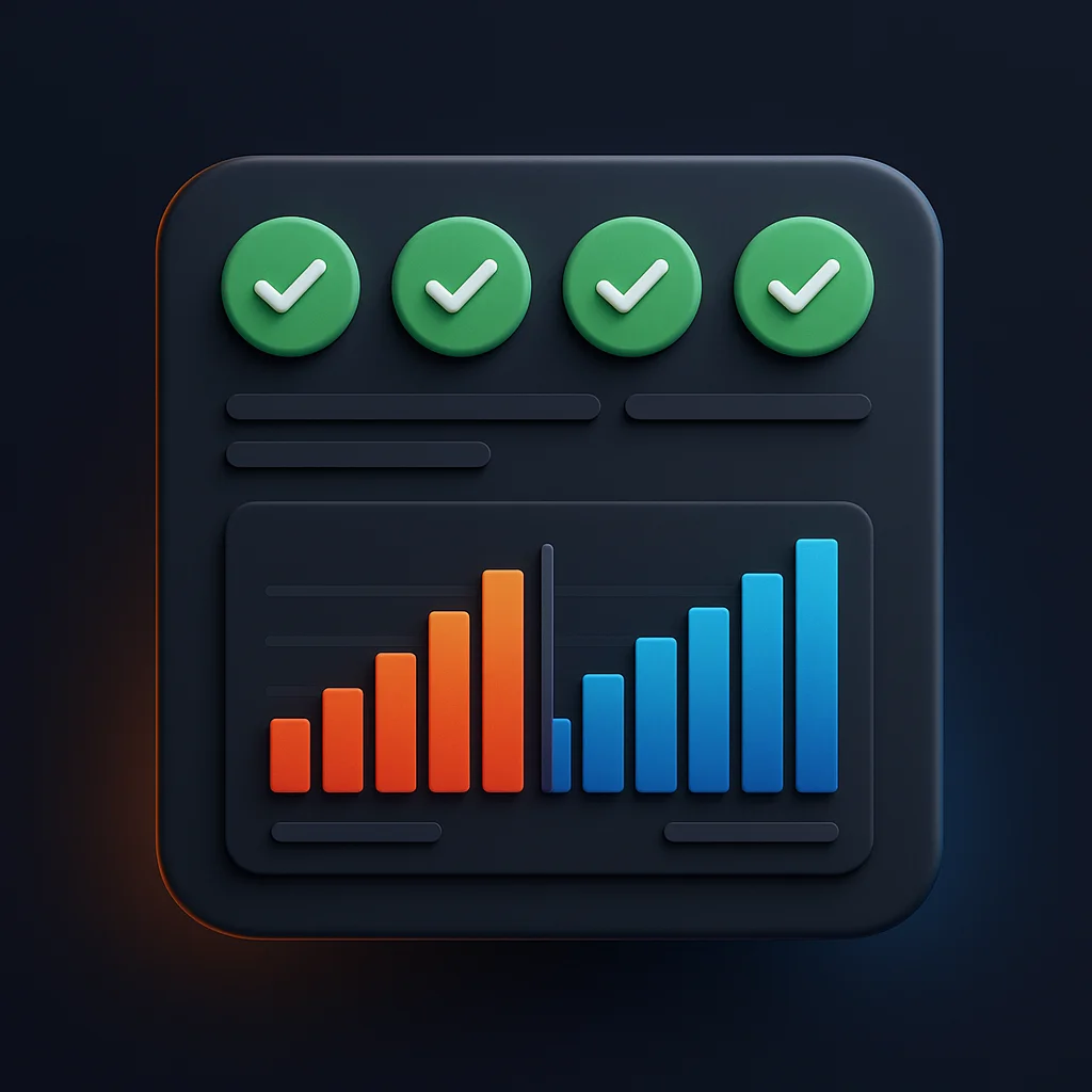 A clean 3D concept illustration of a dashboard with bright visibility scores and a rising chart on a dark background, no fox.