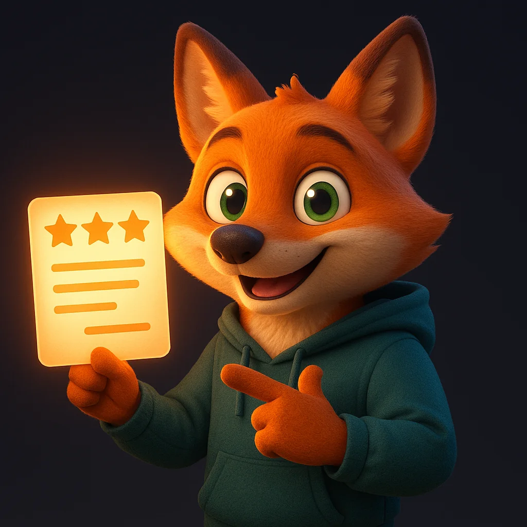 The FoxRadar fox mascot holding a glowing document with star icons, pointing to it confidently.