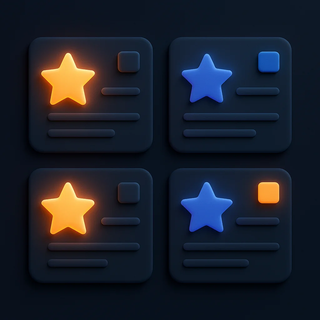 A clean concept illustration showing glowing review cards and rating stars on a dark background, no characters.