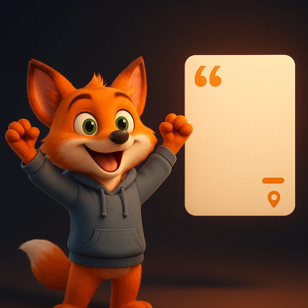 The FoxRadar fox mascot raising arms in a small celebration beside a floating quote card with a date and location.