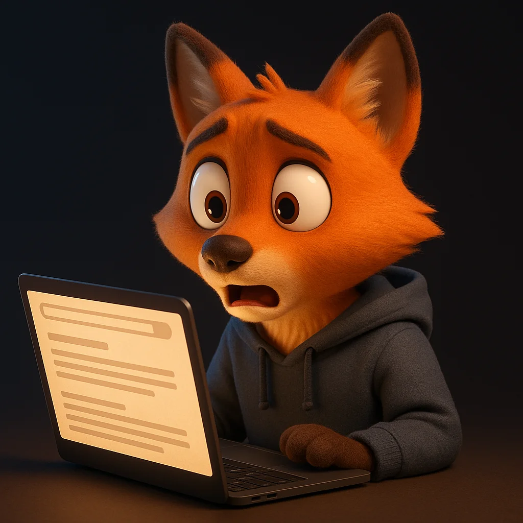 The FoxRadar fox mascot looking surprised at a laptop screen that does not show the brand in AI results