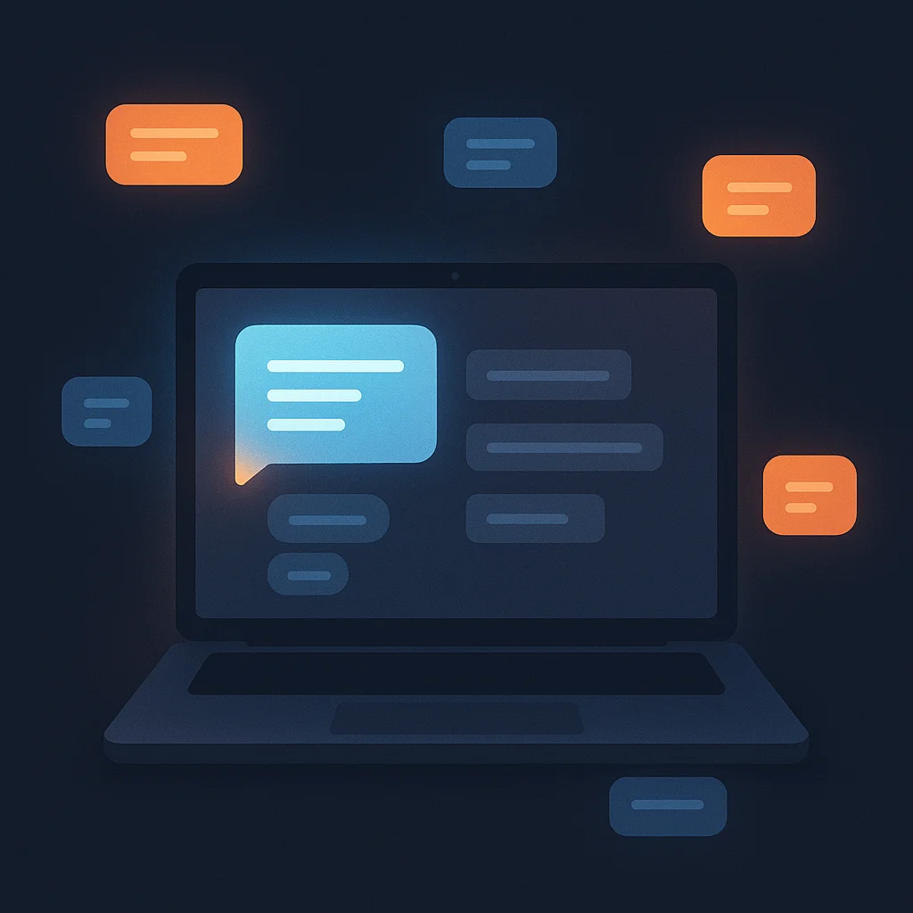A clean concept illustration of a glowing laptop screen with a chat interface and floating common keyword tags