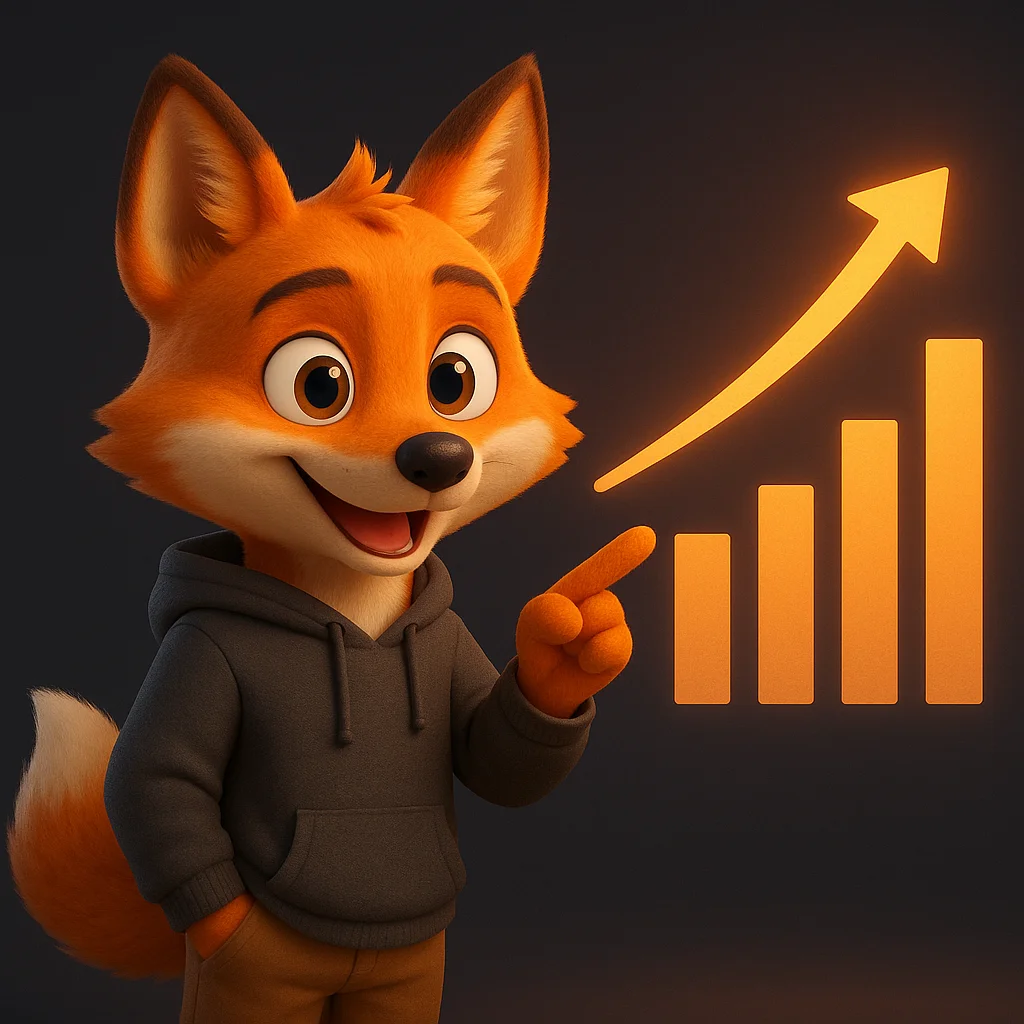 The FoxRadar fox mascot pointing at a rising chart labeled with clear service names and synonyms