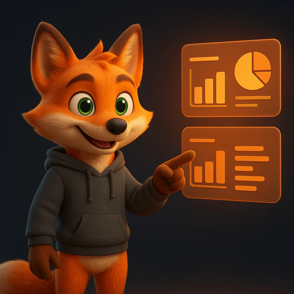 The FoxRadar fox mascot stands and points at floating comparison data, guiding the reader to key differences.