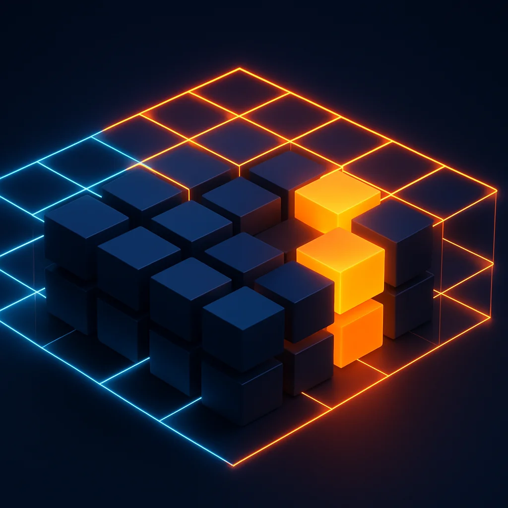 Abstract dark interface showing glowing comparison cards and table rows without any text or letters.