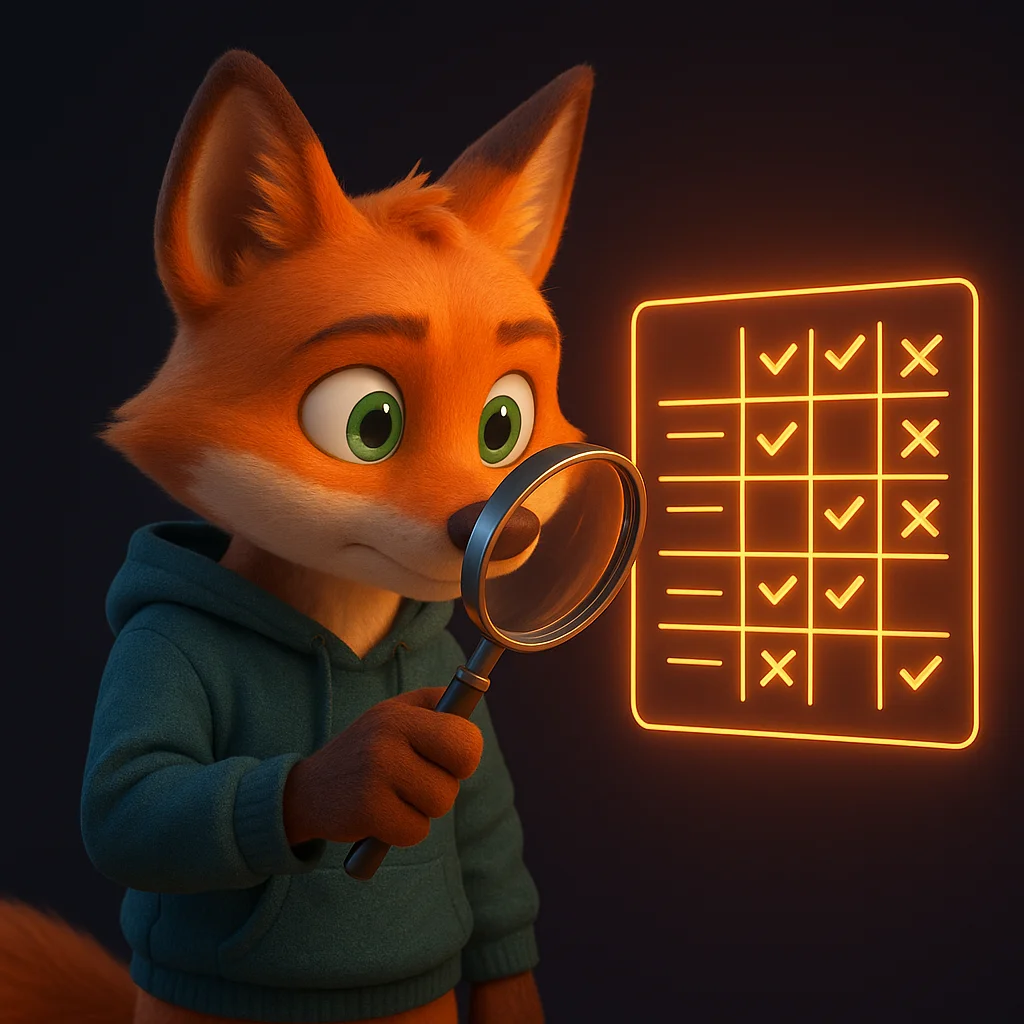 The FoxRadar fox mascot holds a magnifying glass and inspects a glowing comparison table closely.