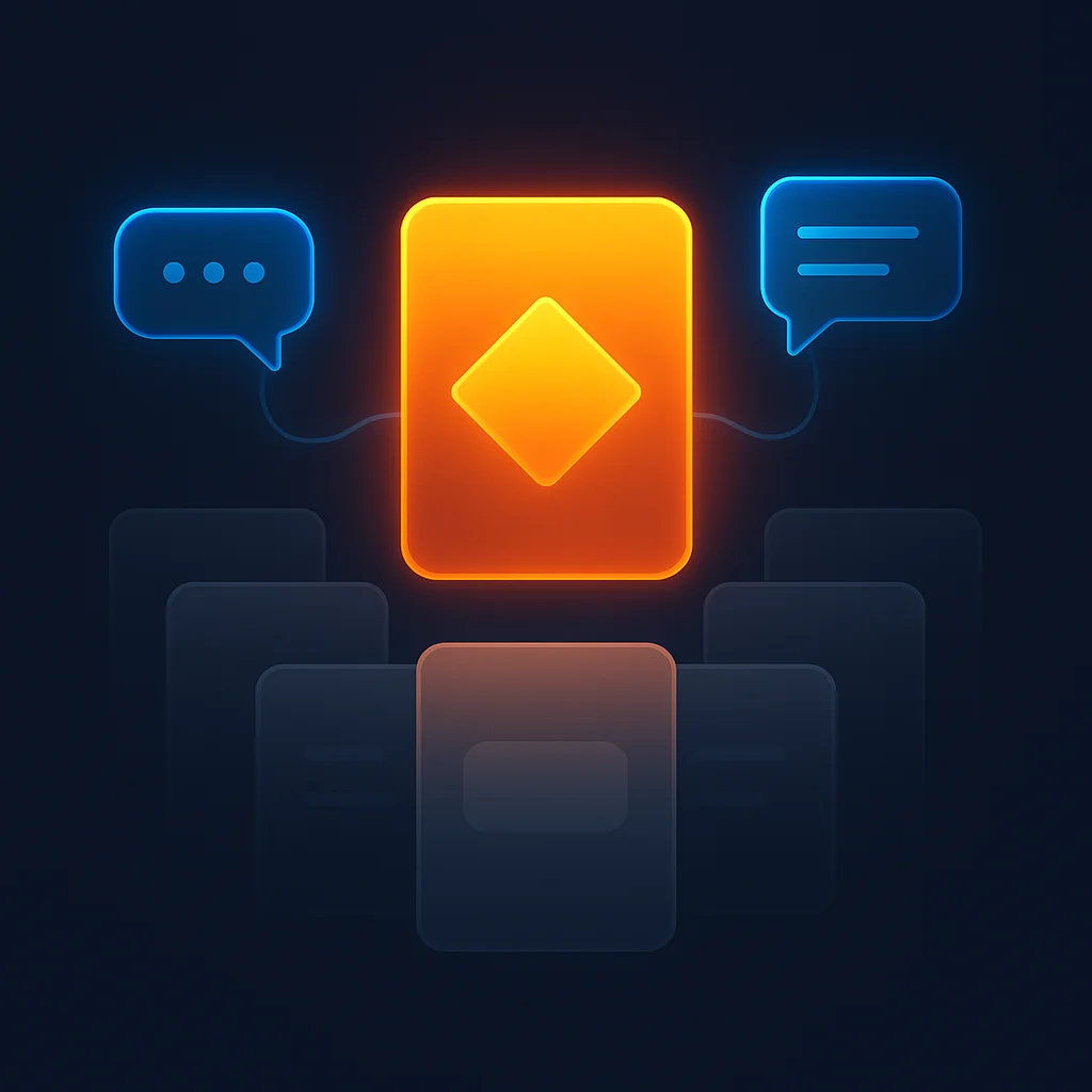 Abstract dashboard with a bright brand card standing out above faded competitors near AI chat bubbles, no text.