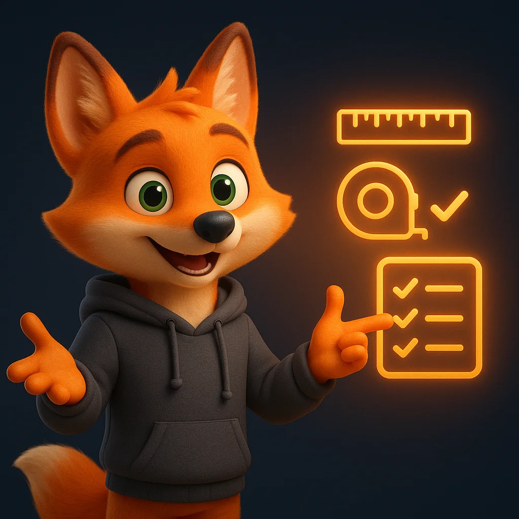 The FoxRadar fox mascot pointing at a floating checklist of measurements and sizes.