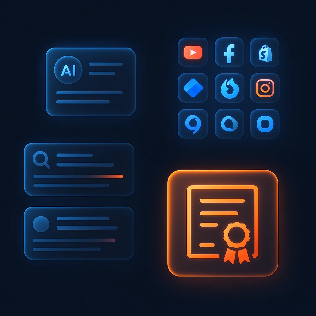 Concept illustration of glowing measurement guide interface cards on a dark background.
