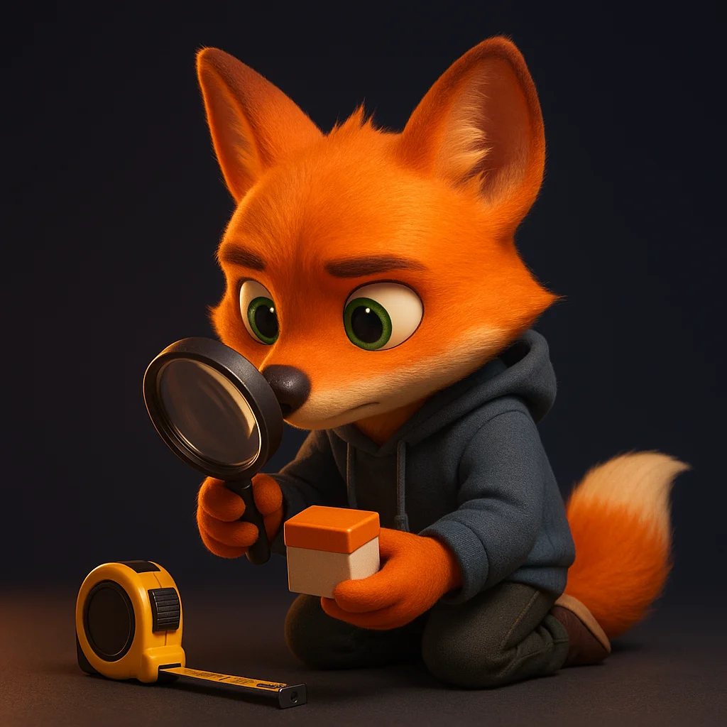 The FoxRadar fox mascot kneeling and inspecting a ruler next to a product with a magnifying glass.