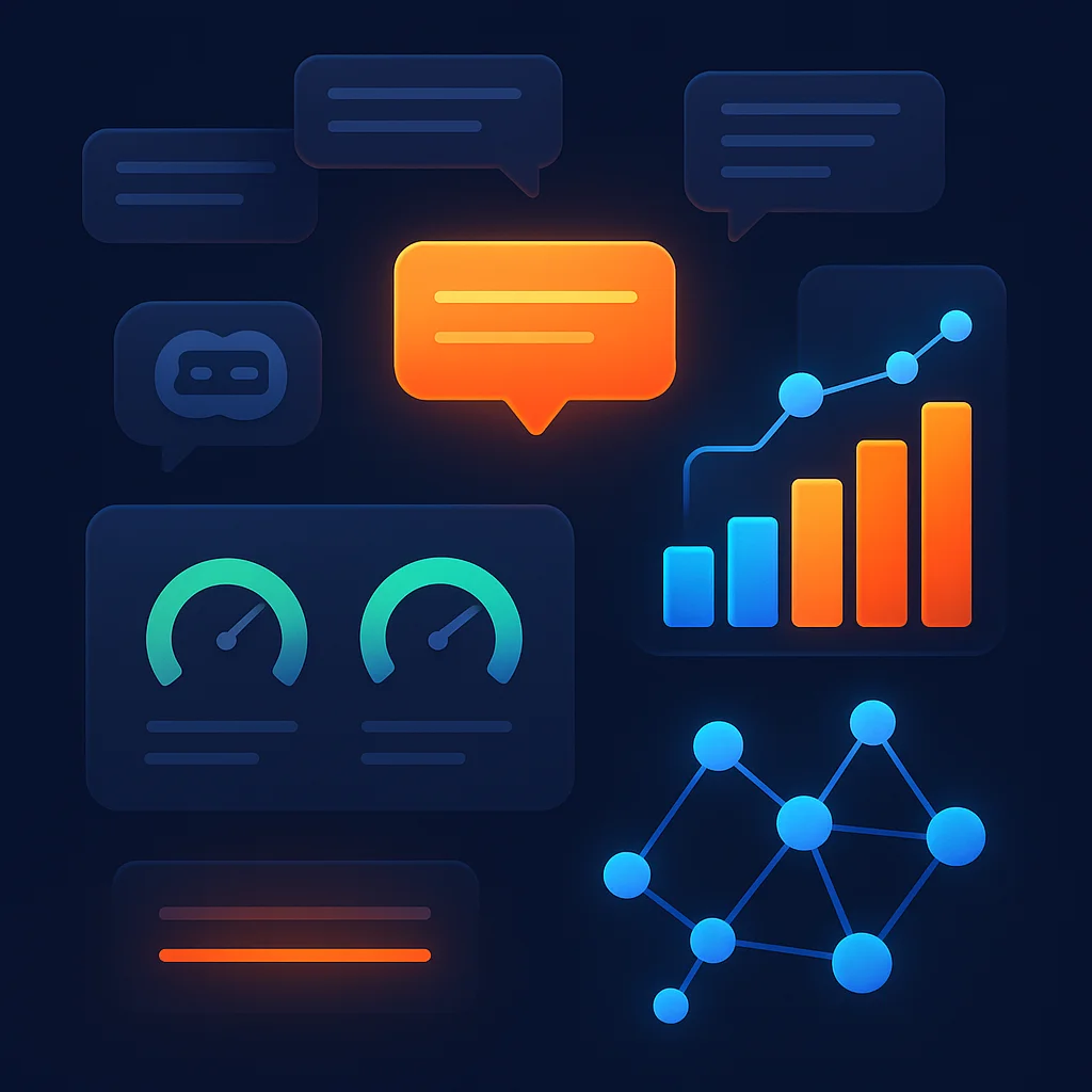 Concept illustration of a bright brand name above AI chat bubbles and charts, no characters.