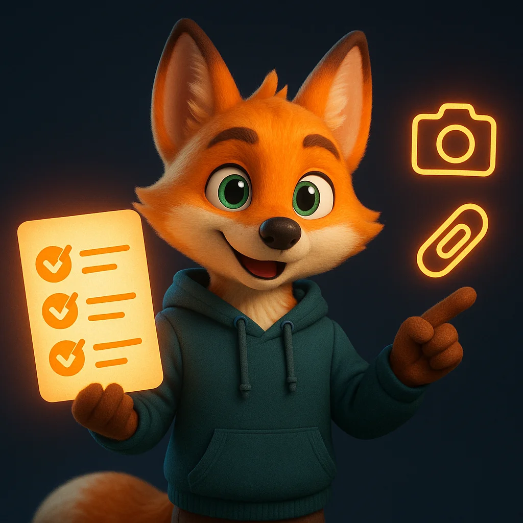 The FoxRadar fox mascot holding a glowing checklist document and pointing forward, showing a simple plan.