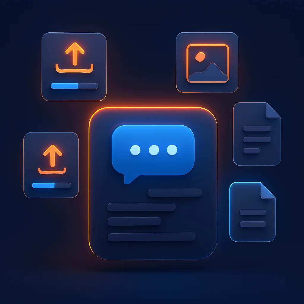 A clean concept illustration of a dark interface with glowing upload cards, image icons, and progress bars, without the fox.