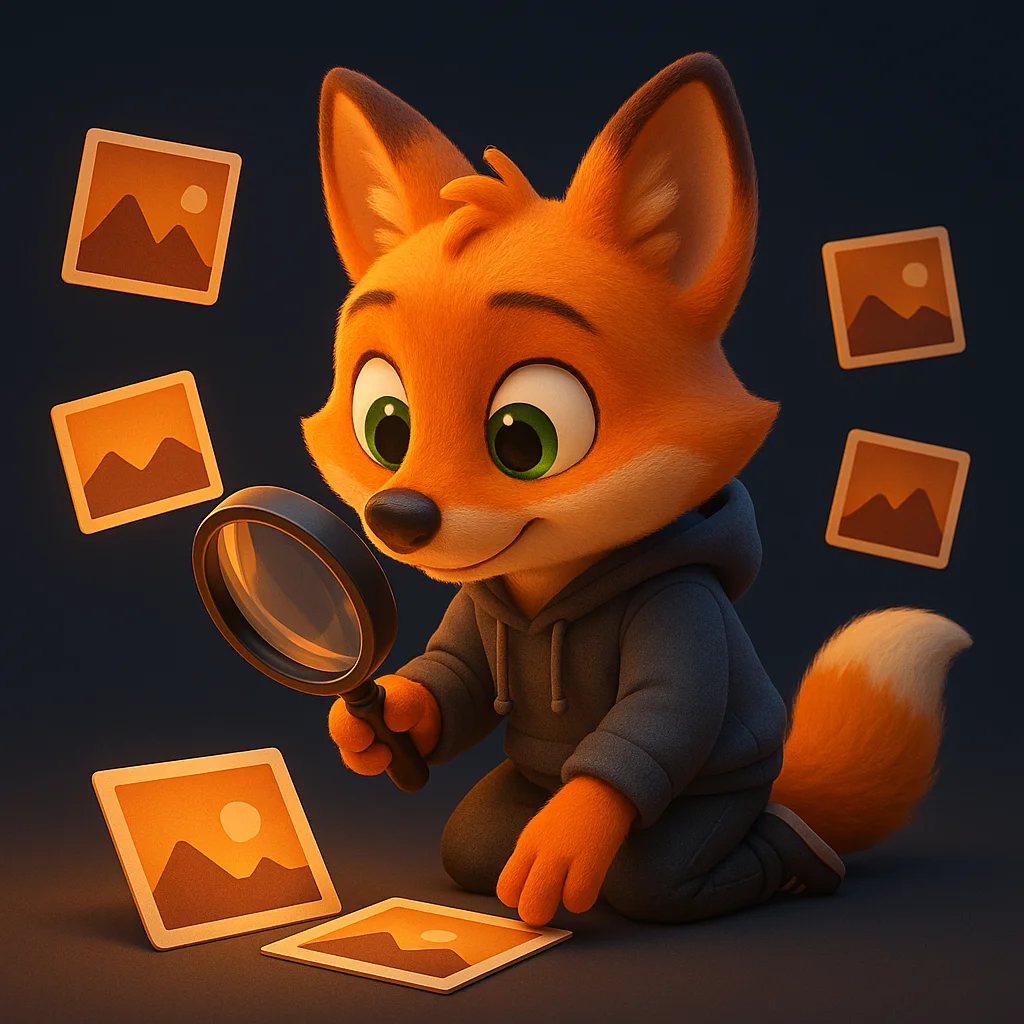 The FoxRadar fox mascot kneeling and inspecting a sample photo with a magnifying glass, focused and curious.