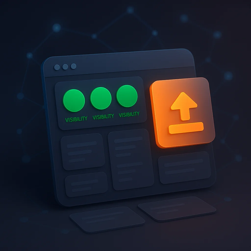 A clean concept illustration of a dashboard with visibility scores and a bright upload guide card, without the fox.